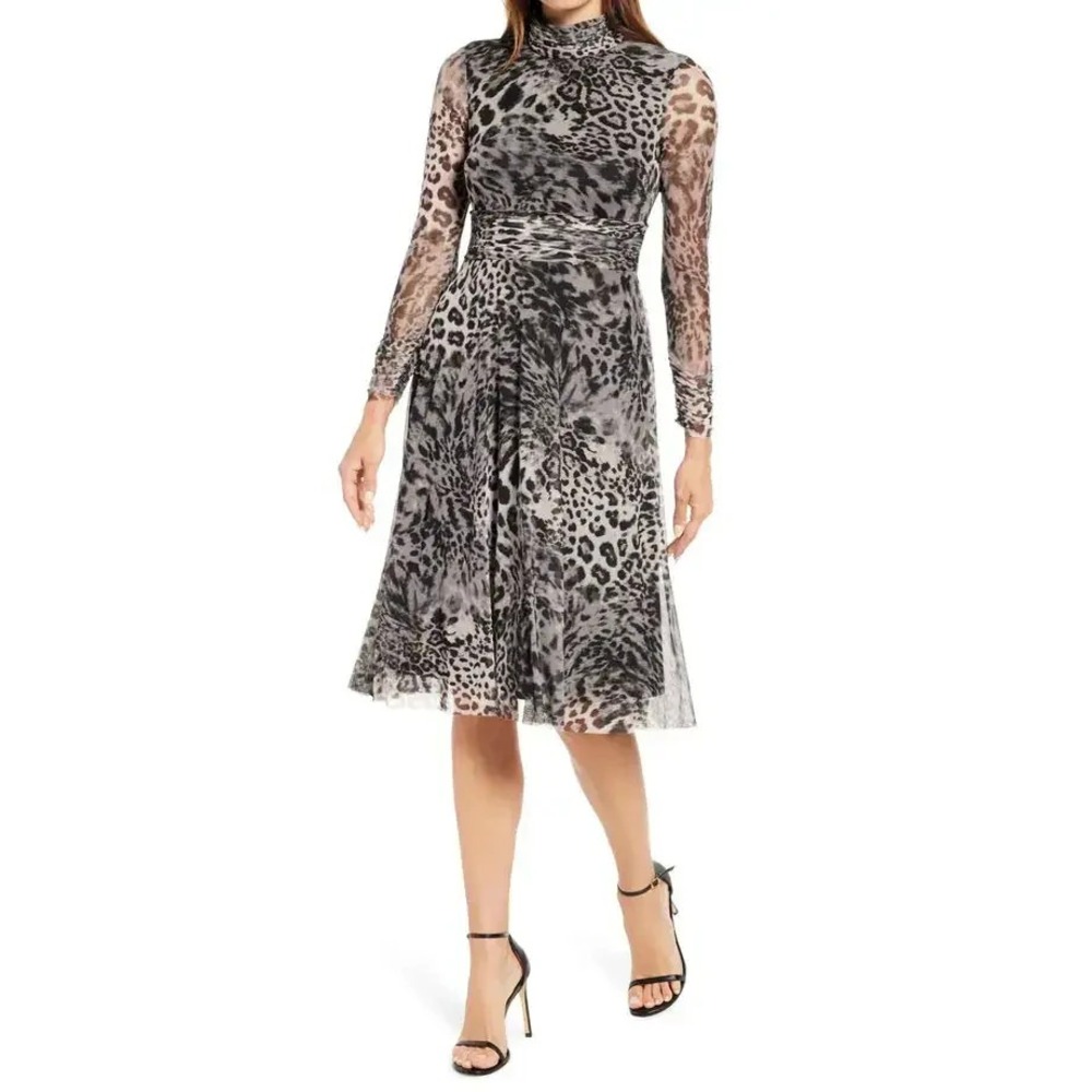 Eliza J Mesh Midi Dress 6 Black Gray Animal Print Mock Neck Gothic Vampy Romance